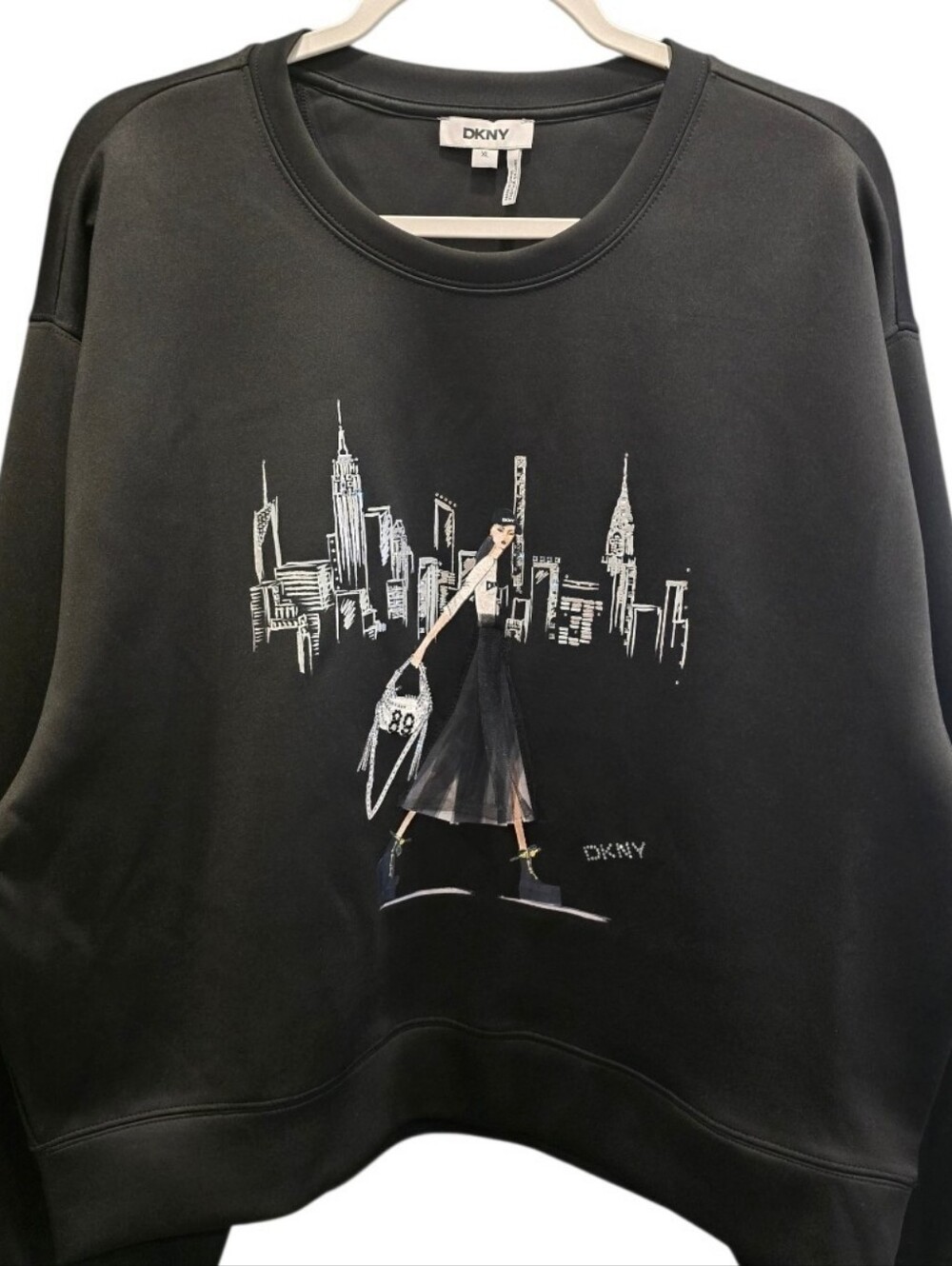 DKNY Black Graphic Sweatshirt XL Rhinestone Fashionista NYC Skyline